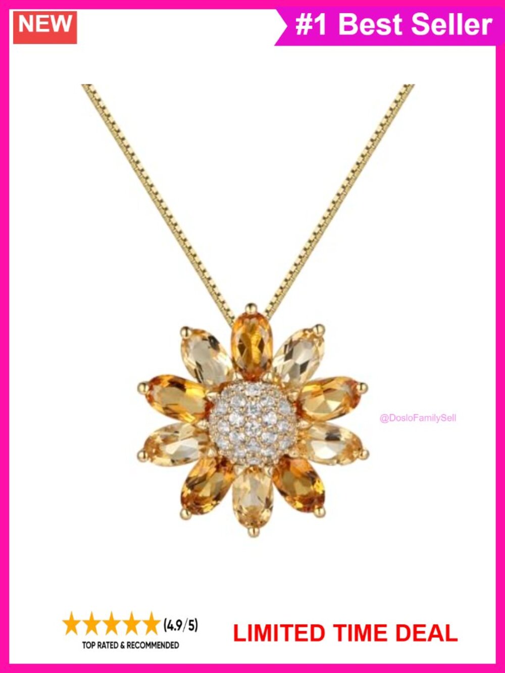 Sterling Silver Sunflower Pendant Necklace Citrine White Sapphire